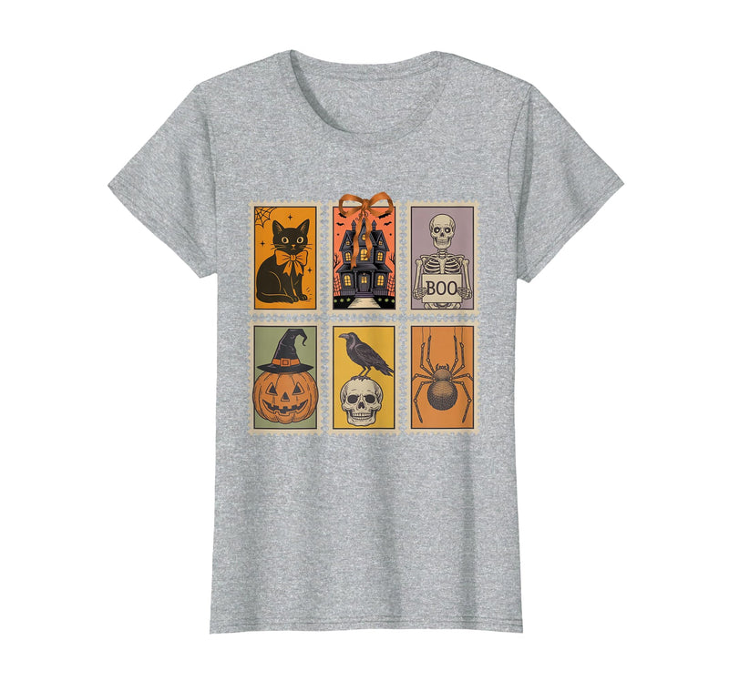 Halloween Stamp Cute Ghost Cute Fall Apparel Vintage Halloween Stamp Cute Ghost Pumpkin Cat Retro Fall T-Shirt - Heather Grey