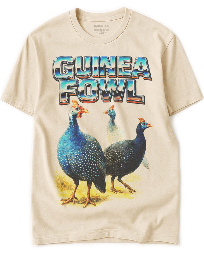 BABATEES Farm Animals Heavy Metal Tshirt for Men, Women & Farmers - 100% Natural Undyed Cotton - Guinea Fowl