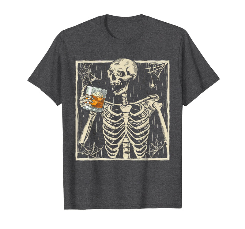 Funny Skeleton Drinking Bourbon Whiskey Halloween Alcoholic T-Shirt - Dark Heather Grey