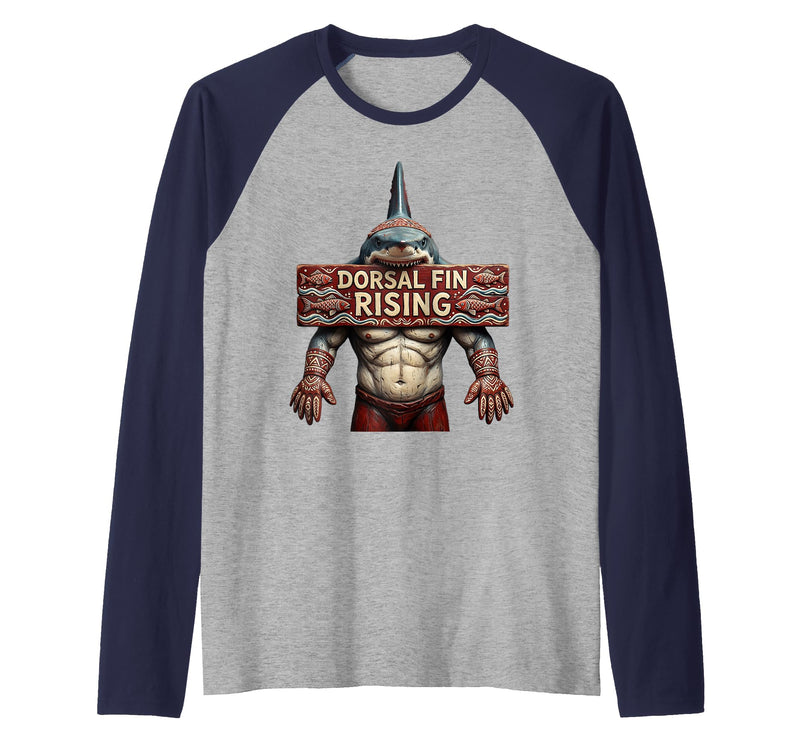 Mademark Dorsal Fin Rising Shark Men Graphic Design Raglan Baseball Tee - Navy Blue/Athletic Heather