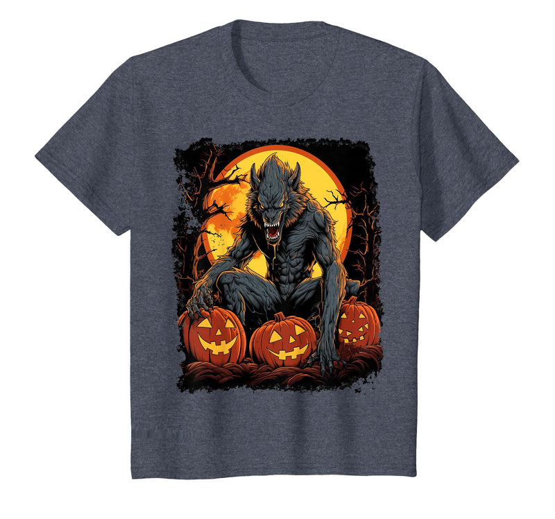 FrightNightFits Werewolf Orange Halloween T-Shirt - Heather Blue