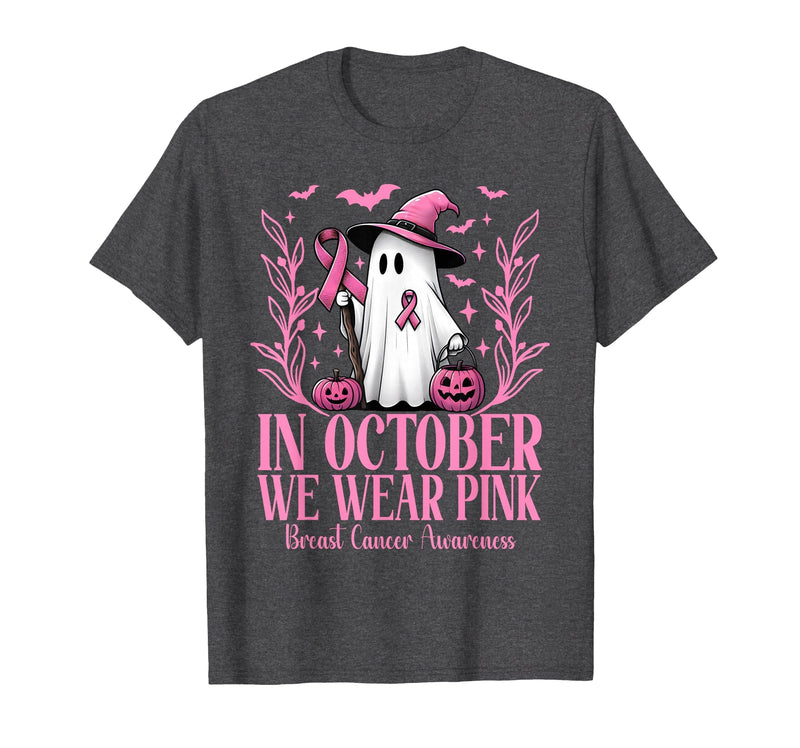 Arich.Tee's Breast Cancer Awareness Ghost in October We Wear Pink Breast Cancer Witch Ghost Halloween T-Shirt - Dark Heather