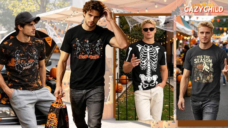 CAZYCHILD Halloween Shirts for Men Funny Halloween Pumpkin Shirt Dancing Skeleton Tee - size chart