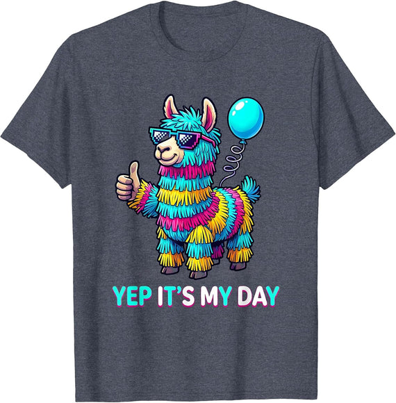 Yep It's My Day Funny Llama Pinata Bday Boy Girl Kids T-Shirt - Heather Blue