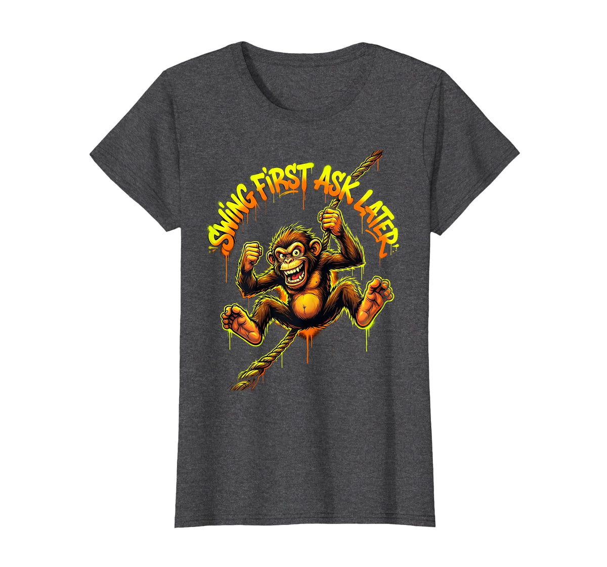 Mademark Swing First Ask Later Funny Monkey Design T-Shirt - Women - Dark Heather Grey