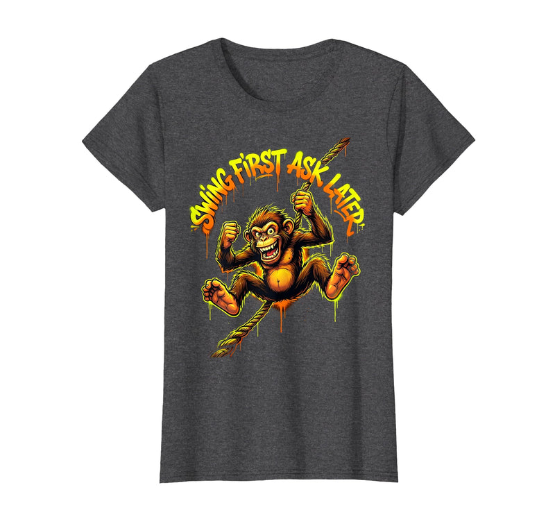 Mademark Swing First Ask Later Funny Monkey Design T-Shirt - Women - Dark Heather Grey