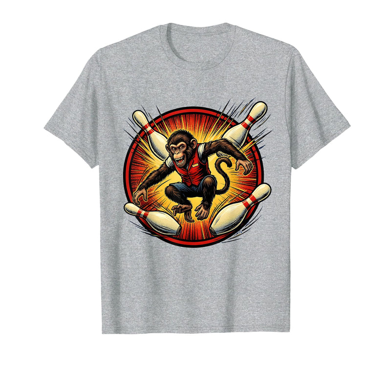 Mademark Pin Monkey Dodging Flying Pins Bowling Graphic T-Shirt - Men - Heather Grey
