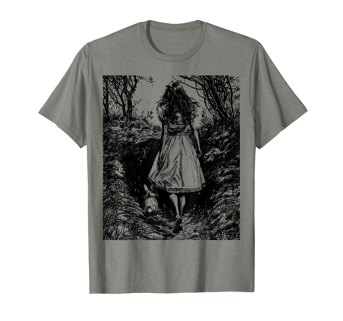 Alice in Wonderland - Down the Rabbit Hole Fantasy Vintage T-Shirt in Olive Heather