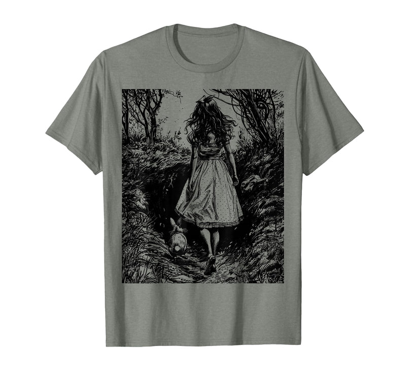 Alice in Wonderland - Down the Rabbit Hole Fantasy Vintage T-Shirt in Olive Heather
