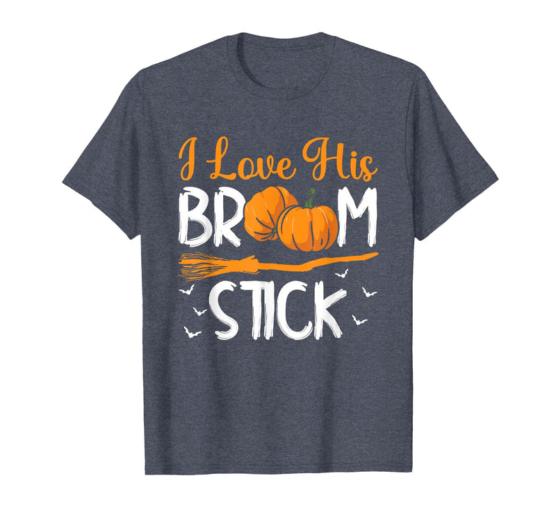 Match Halloween Couple Costumes I Love His Broomstick I Love Her Pumpkins T-Shirt - Heather Blue