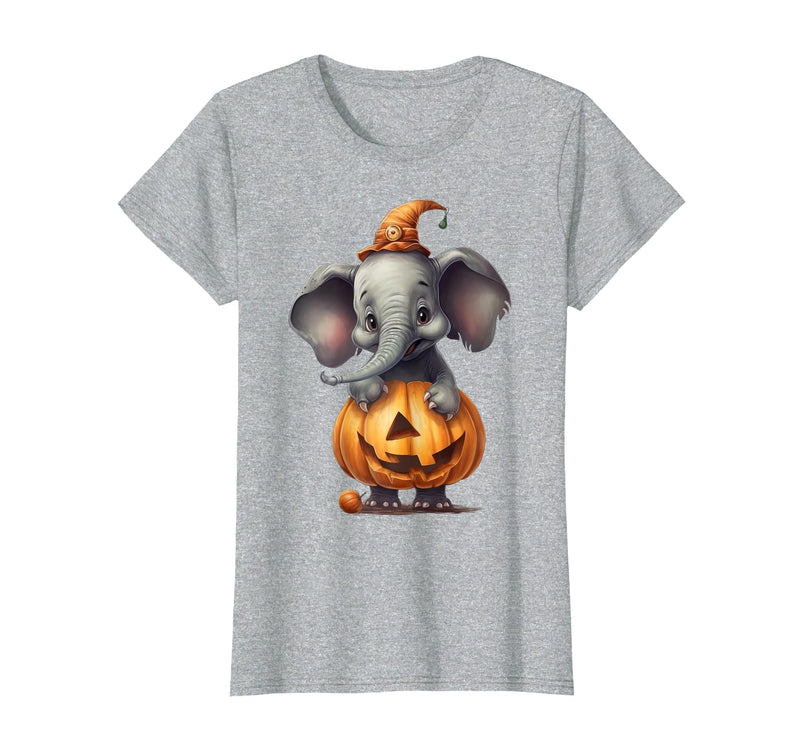 Cute Elephant Wearing A Pumpkin Halloween Cloths Cute Elephant Wearing A Pumpkin Halloween Funny Elephant T-Shirt - Heather