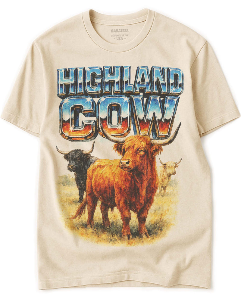 BABATEES Farm Animals Heavy Metal Tshirt for Men, Women & Farmers - 100% Natural Undyed Cotton - Highland Cow
