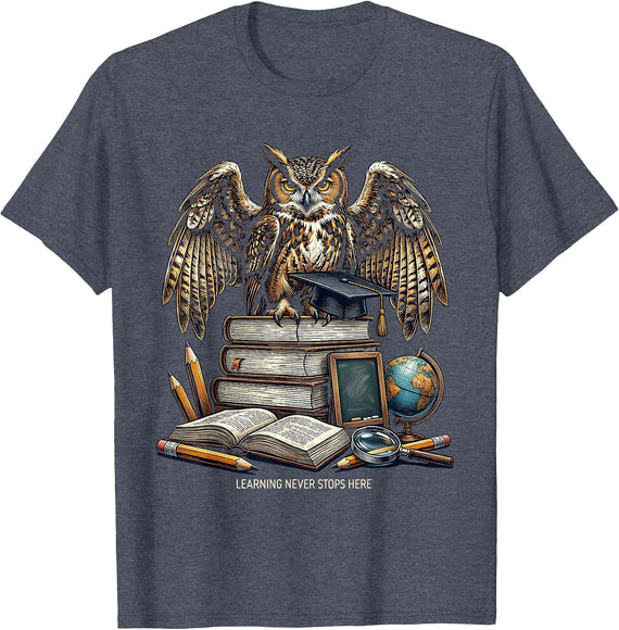 Learning Never Stops Here College Kids Design T-Shirt - Heather Blue