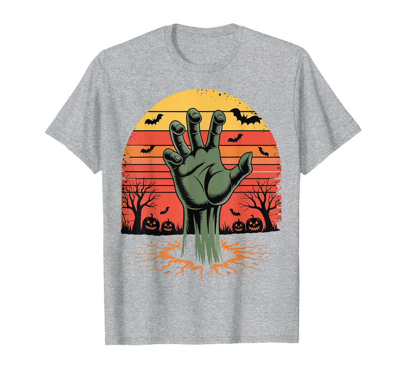 Creepy Undead Zombie Hand Retro Sunset Scary Zombie Hand Retro Sunset Halloween Horror Tee T-Shirt - Heather Grey