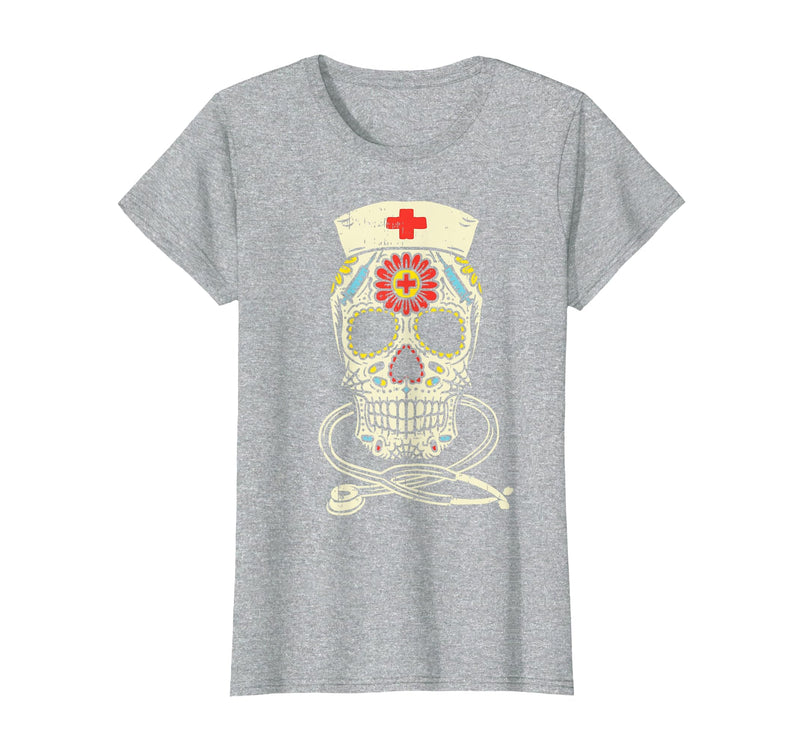 Halloween Nurse Shirts For Women Scrub Costumes Nurse Sugar Skull Stethoscope RN Medical Halloween Costume T-Shirt - Heather