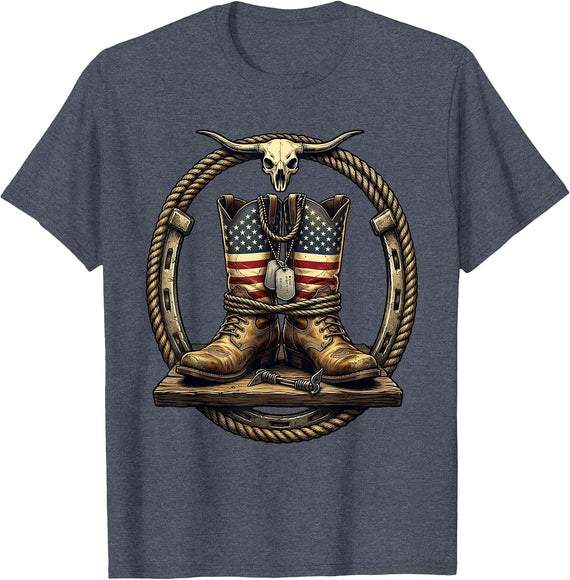 Soldier Boots and Dog Tags Patriotic Memorial T-Shirt - Heather Blue