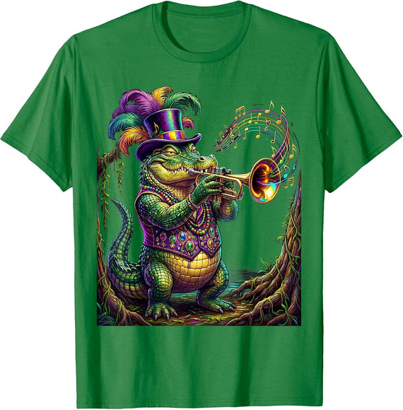 Men's Mardi Gras Jazz Crocodile Swamp Illustration T-Shirt - Kelly Green