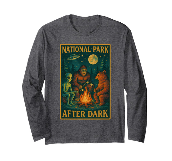 National Park After Dark Tee National Park After Dark: Alien Bigfoot Bear Camping Long Sleeve T-Shirt - Dark Heather Grey