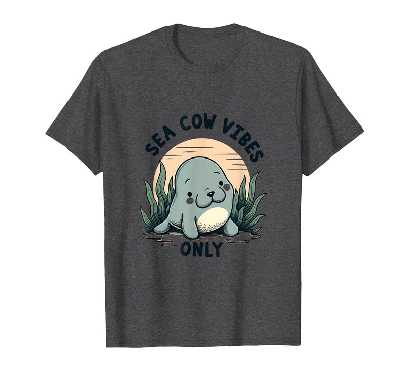 Mademark Sea Cow Vibes Only Manatee Design T-Shirt - Dark Heather Grey