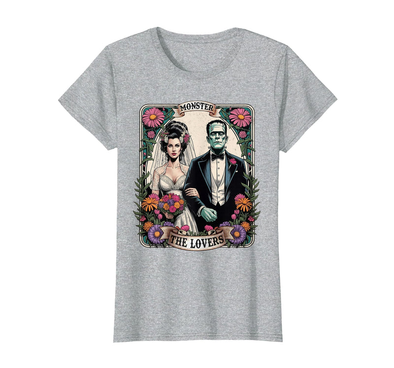The Lovers Tarot Card Spooky Halloween Women Men The Monster Frankenstein and Bride The Lovers Tarot Card T-Shirt - Heather
