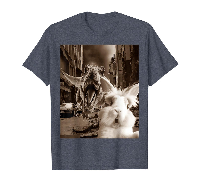 Funny Bunny Rabbit Selfie with T-Rex Tyrannosaurus Dinosaur T-Shirt in Heather Blue