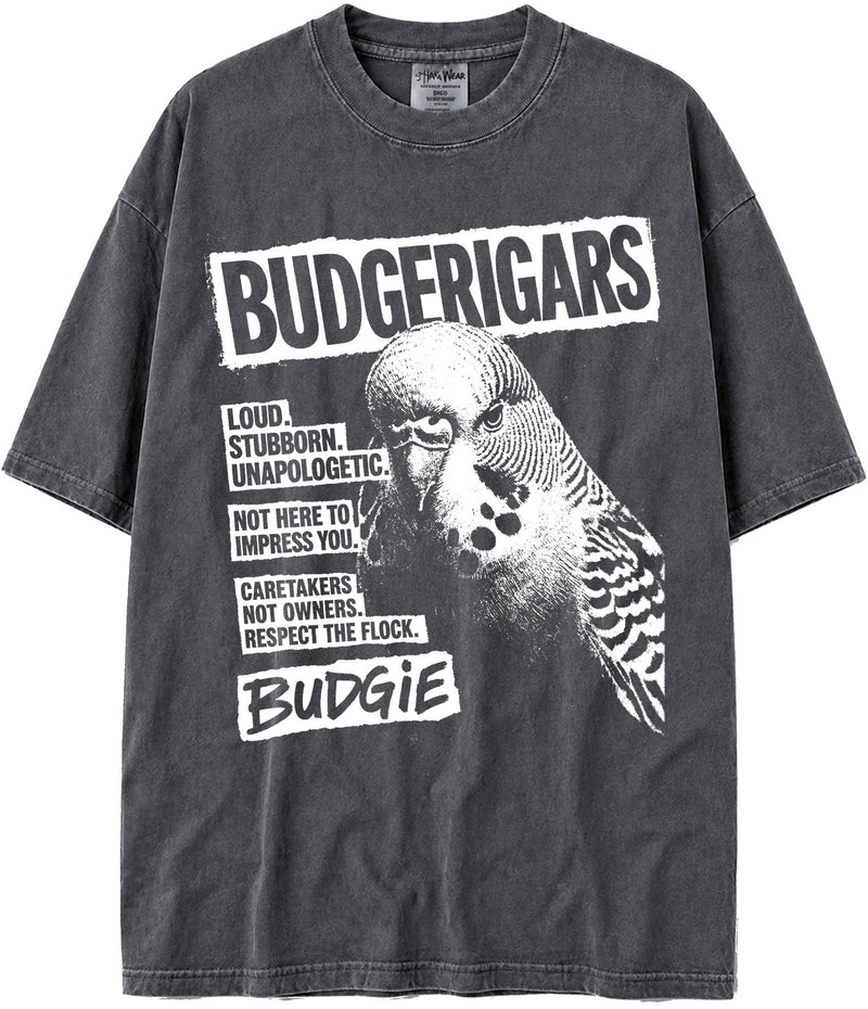 BABATEES U.S.A. MAX-Heavyweight Punk Rock Animals Shaka Wear Oversized 7.5oz Cotton Tshirt - Budgerigars
