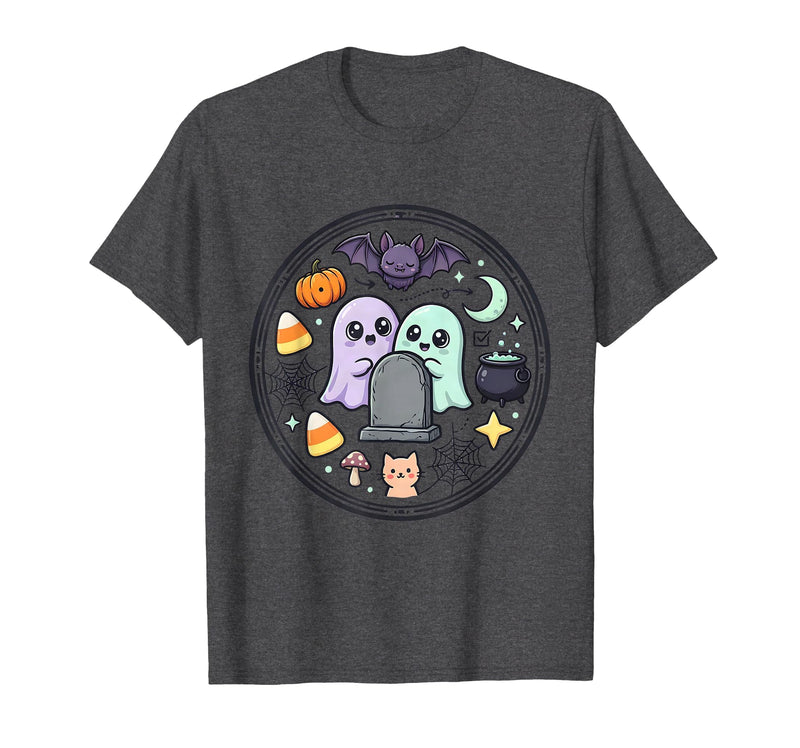 Mademark Ghost & Spirits - Ghost (99 Problems All) T-Shirt - Dark Heather Grey-cute Ghost Peeking Behind Gravestone