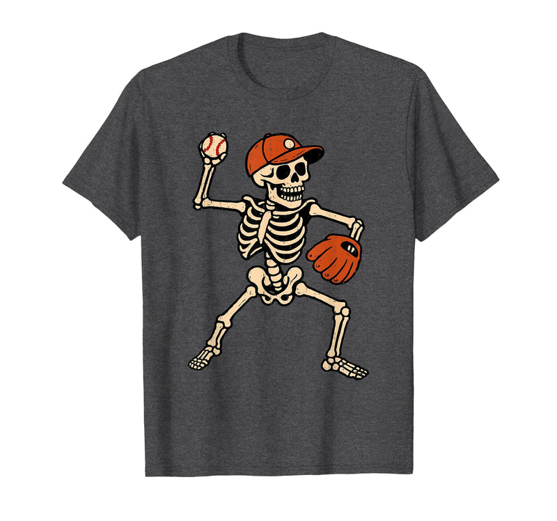 Funny Skeleton Baseball Tee Skeleton Baseball Halloween Costume Pitcher Sport Player T-Shirt - Dark Heather Grey