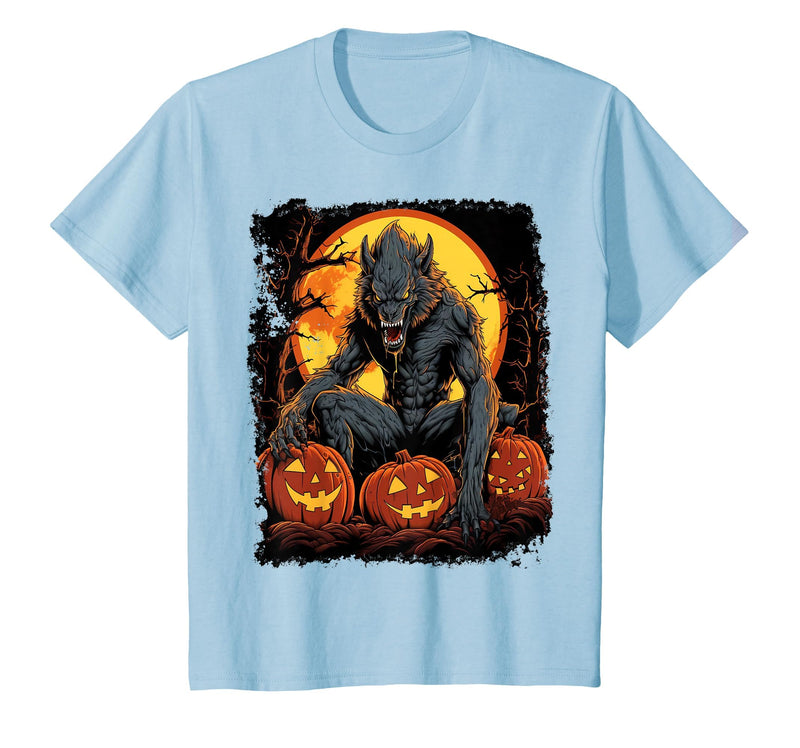 FrightNightFits Werewolf Orange Halloween T-Shirt - Baby Blue