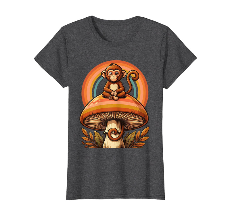 Mademark Monkey Perched on Giant Mushroom Illustration T-Shirt - Women - Dark Heather Grey