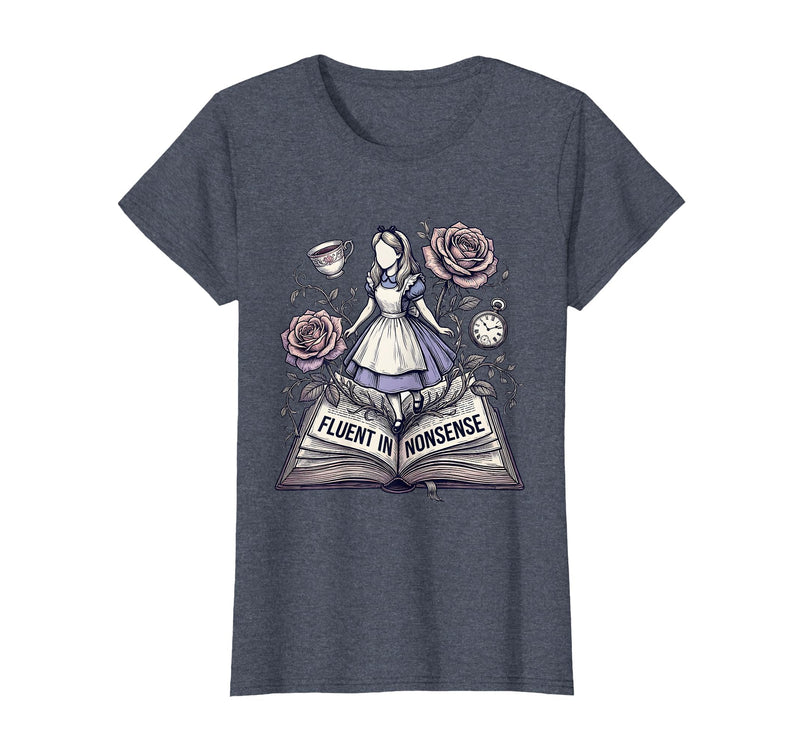Mademark Fluent In Nonsense Alice in Wonderland Design T-Shirt - Heather Blue