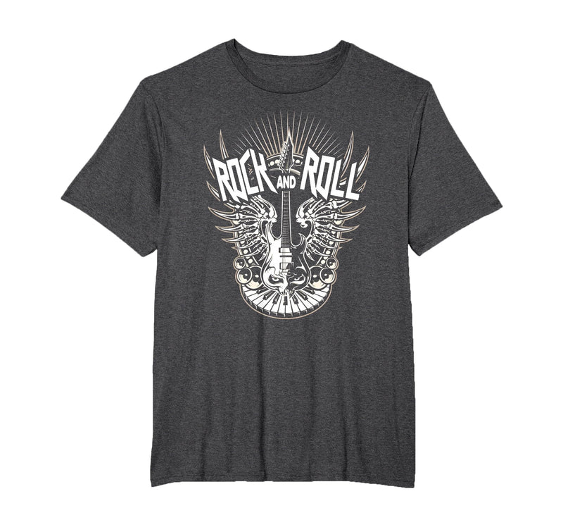 Rock and Roll Music Vintage Retro Gifts Vintage 80s Rock & Roll Music Electric Guitar Skeleton Wings T-Shirt - Dark Heather