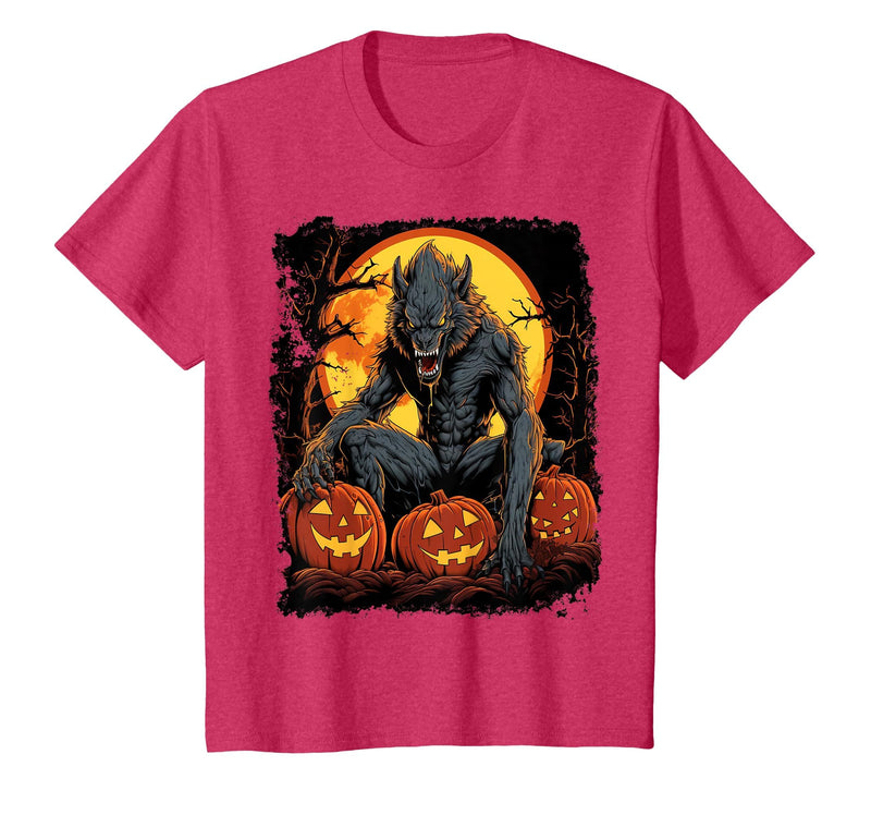 FrightNightFits Werewolf Orange Halloween T-Shirt - Red Heather