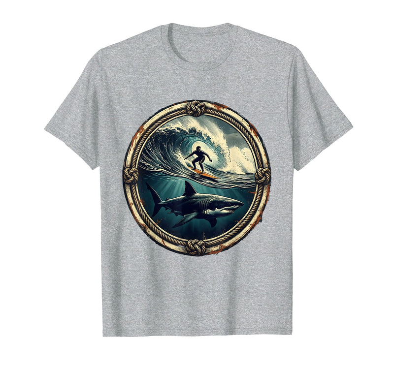 Mademark Shark Silhouette Under Lone Surfer Graphic T-Shirt - Heather Grey