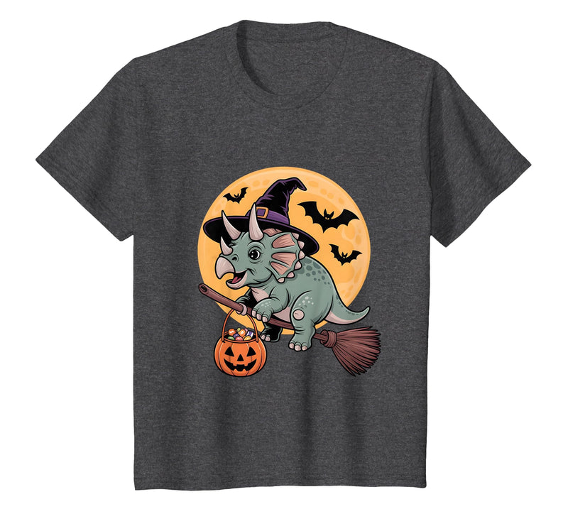 Triceratops Lover Dino Halloween Party Wear Triceratops Witch Hat Pumpkin Halloween Costume Men Women T-Shirt - Dark Heather