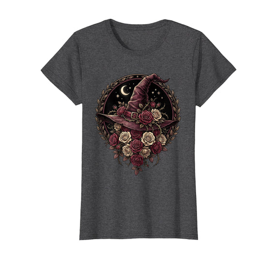 Mademark Witch Hat Black Roses Halloween Women's Design T-Shirt - Dark Heather Grey