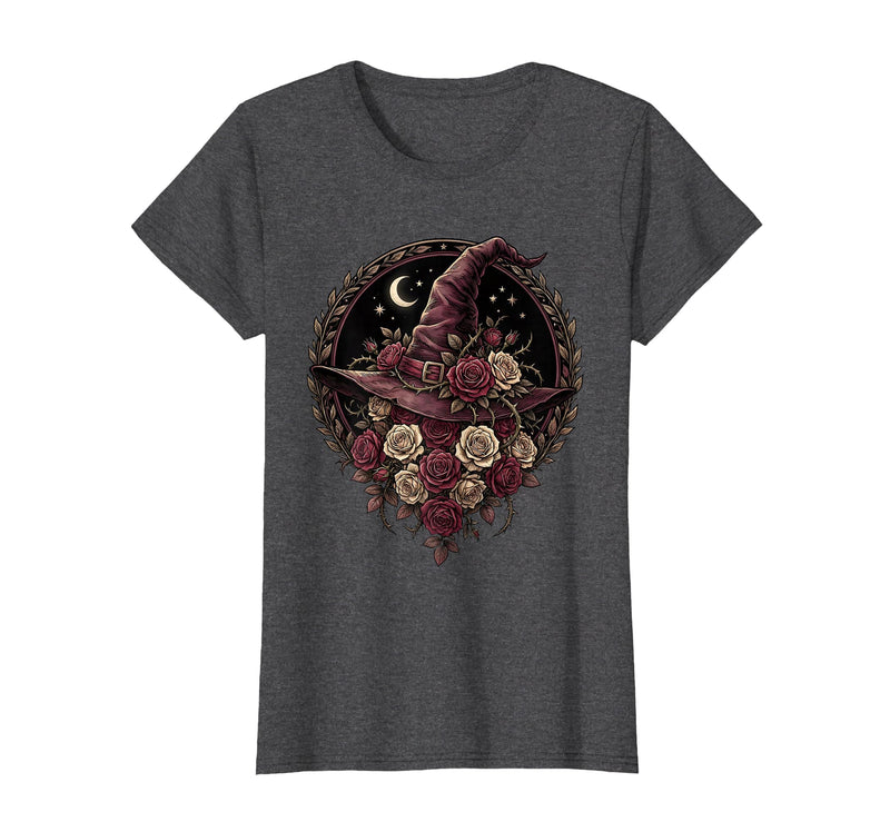 Mademark Witch Hat Black Roses Halloween Women's Design T-Shirt - Dark Heather Grey