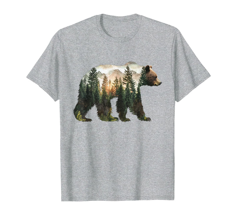Bear Designs. Bear Forest Mountains Trees Nature Sunset Outdoor Graphic T-Shirt - Heather Grey