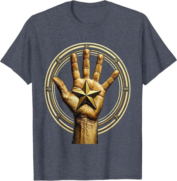 4th Grade Teacher Gold Star Hand Stamp Design T-Shirt - Heather Blue