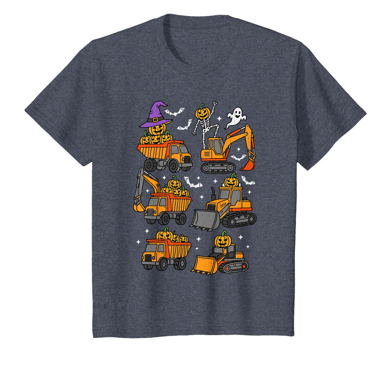Halloween Tees for Women Men Kids Construction Trucks Excavator Spooky Halloween Toddler Kids T-Shirt - Heather Blue
