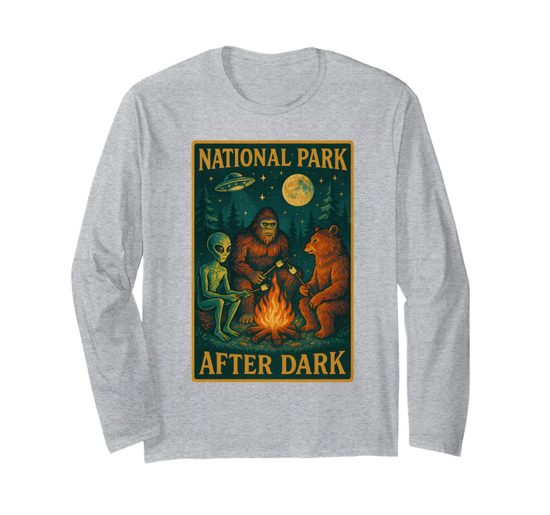 National Park After Dark Tee National Park After Dark: Alien Bigfoot Bear Camping Long Sleeve T-Shirt - Heather Grey