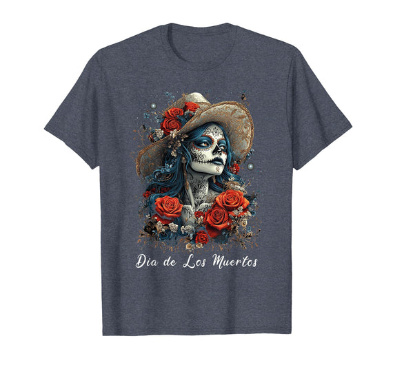 DIRHAME Dia De Los Muertos Mexican Sugar Skull Girl Halloween Dia De Los Muertos T-Shirt - Heather Blue