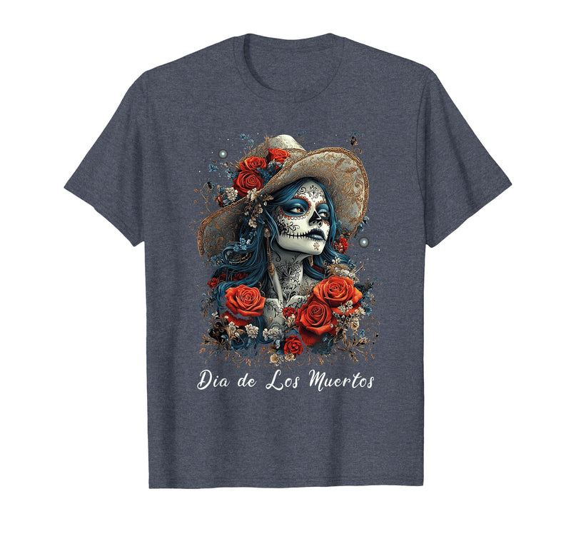 DIRHAME Dia De Los Muertos Mexican Sugar Skull Girl Halloween Dia De Los Muertos T-Shirt - Heather Blue