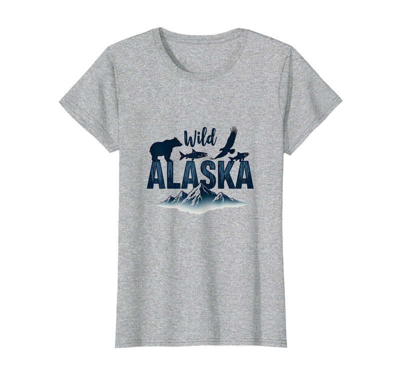 Mademark Wild Alaska Adventure: Bear, Fish, Eagle Mountain Scene T-Shirt - Heather Grey