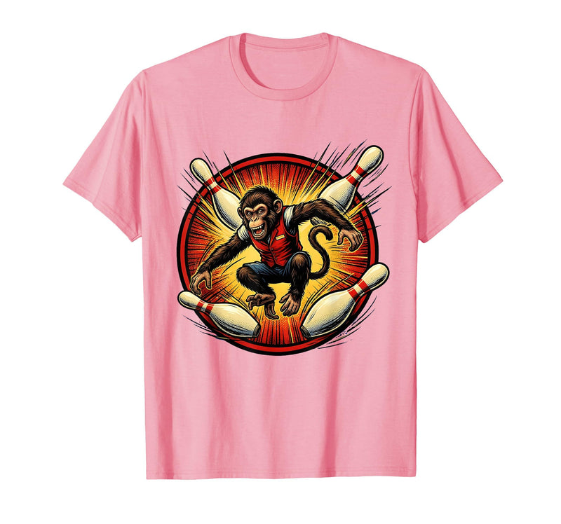 Mademark Pin Monkey Dodging Flying Pins Bowling Graphic T-Shirt - Men - Pink