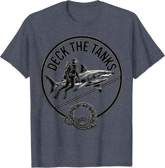 Deck The Tanks Funny Scuba Diver Shark Ocean Humor T-Shirt - Heather Blue