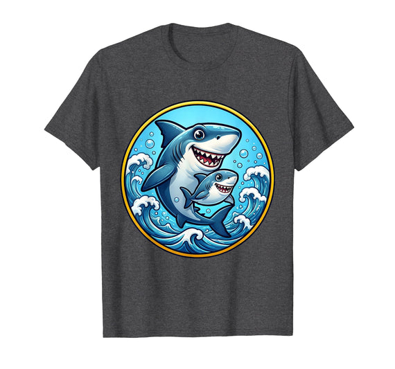 Mademark Dad and Son Matching Big Little Shark Ocean Design T-Shirt - Dark Heather Grey