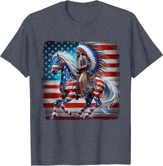 Indian Riding Horse Native American Flag 4th of July T-Shirt - Heather Blue