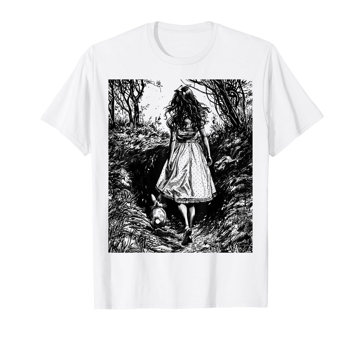 Alice in Wonderland - Down the Rabbit Hole Fantasy Vintage T-Shirt in White