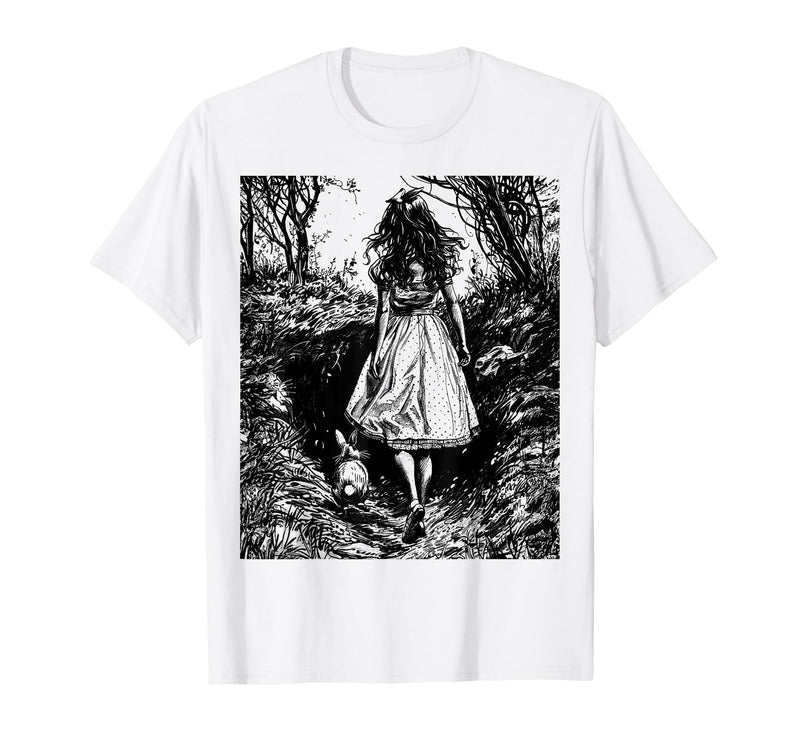 Alice in Wonderland - Down the Rabbit Hole Fantasy Vintage T-Shirt in White